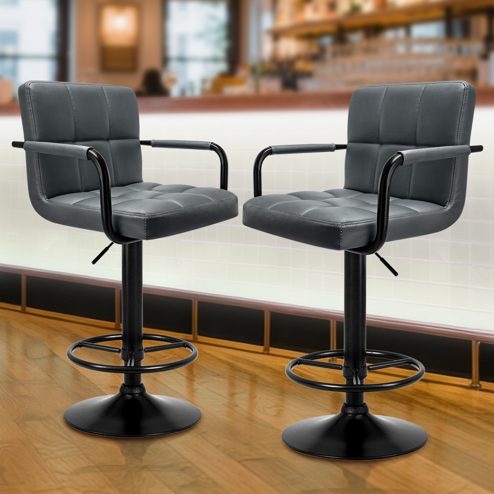 Image of Bar Stools, 2-piece Set, Height-adjustable Bar Chairs With Faux Leather Upholstery, , With Armrests, Backrest, And Round Footrest, Kitchen Chairs In Chrome-plated Steel