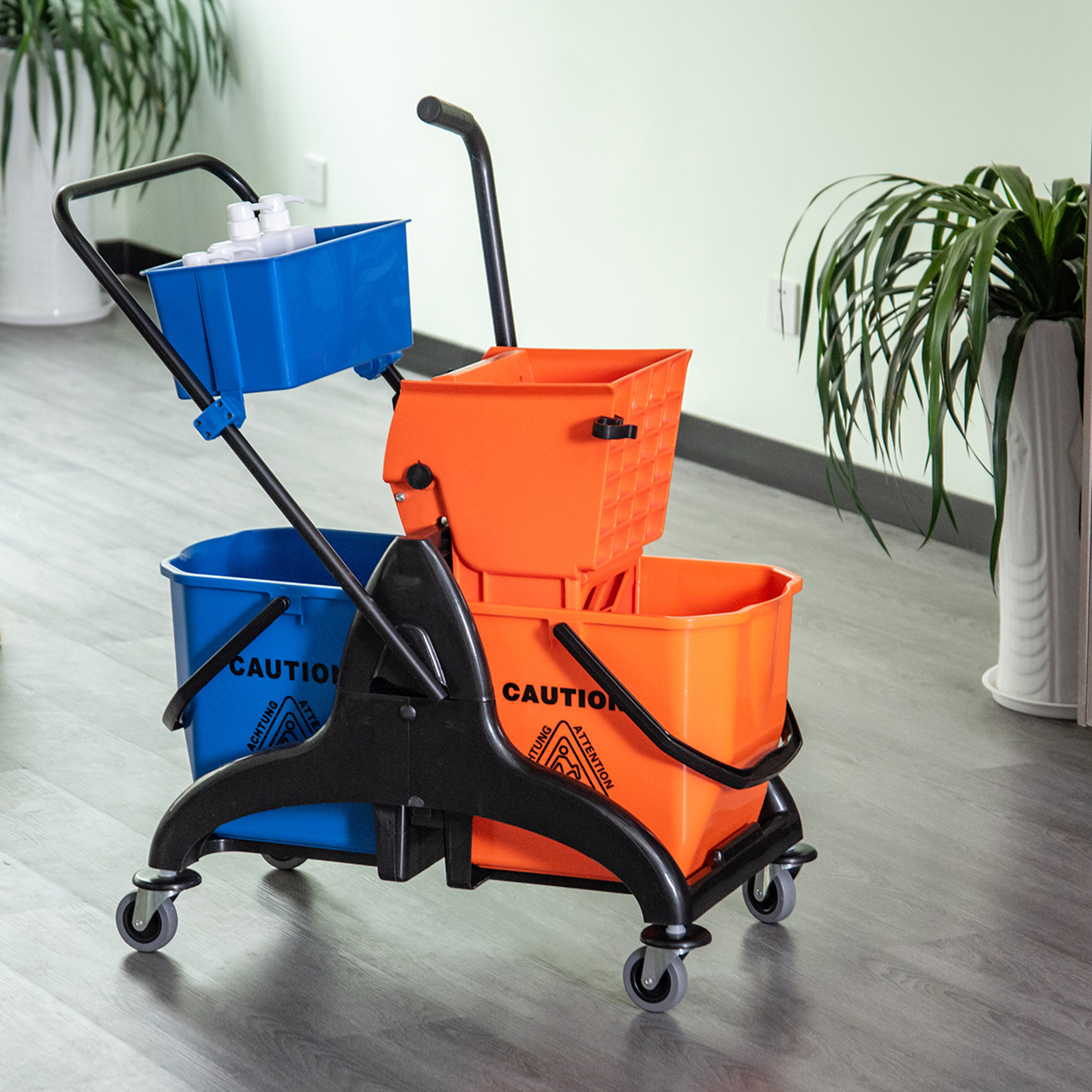 Cleaning Trolley 26 Liter Wiping Trolley With Mop Press, Household Trolley With Wheels Orange