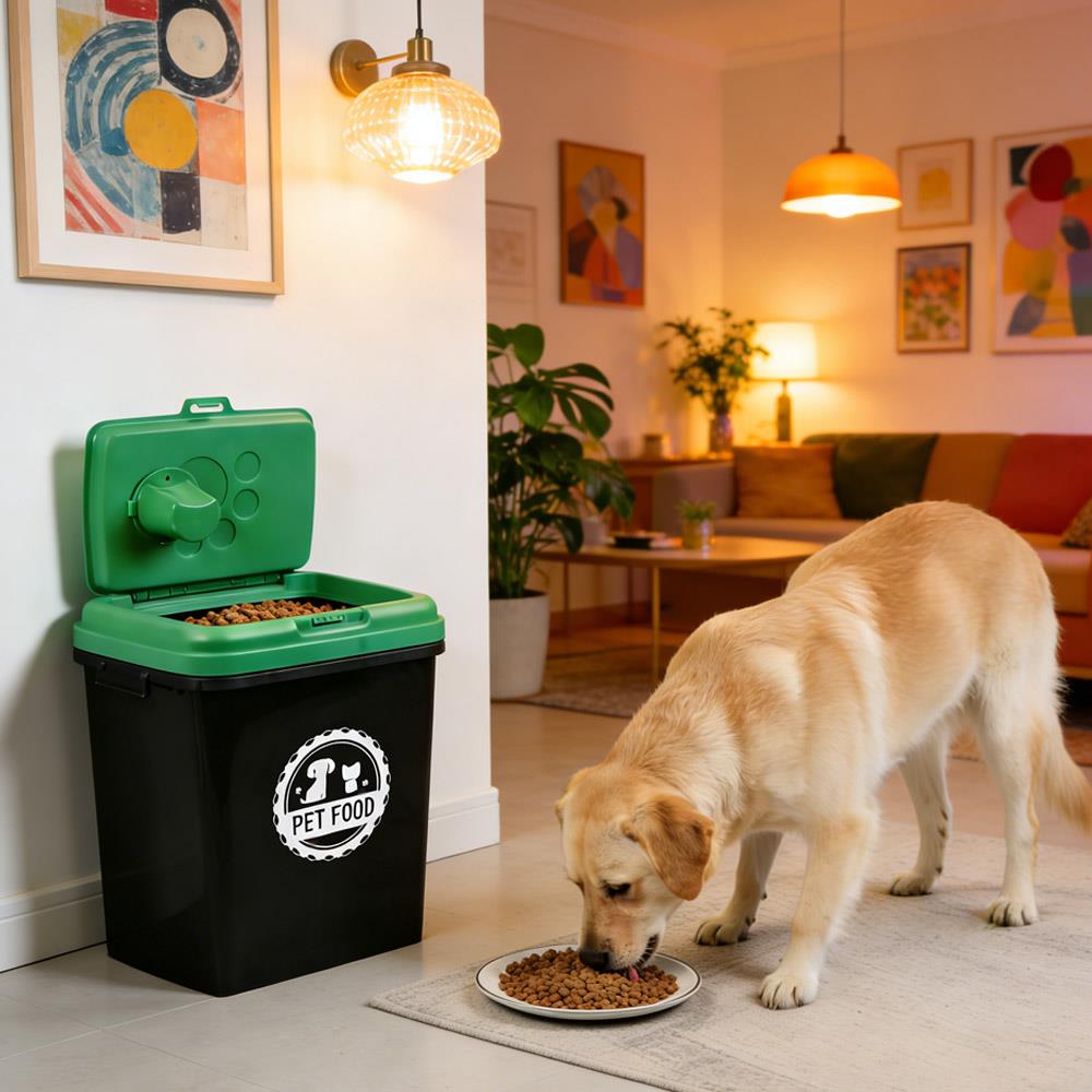 40L Pet Food Storage Container Airtight with Flip Top Lock – Holds 15kg Dry Food, Plastic Food Dispenser Bin with Scoop for Dog Cat Bird Fish Food Black/Grey