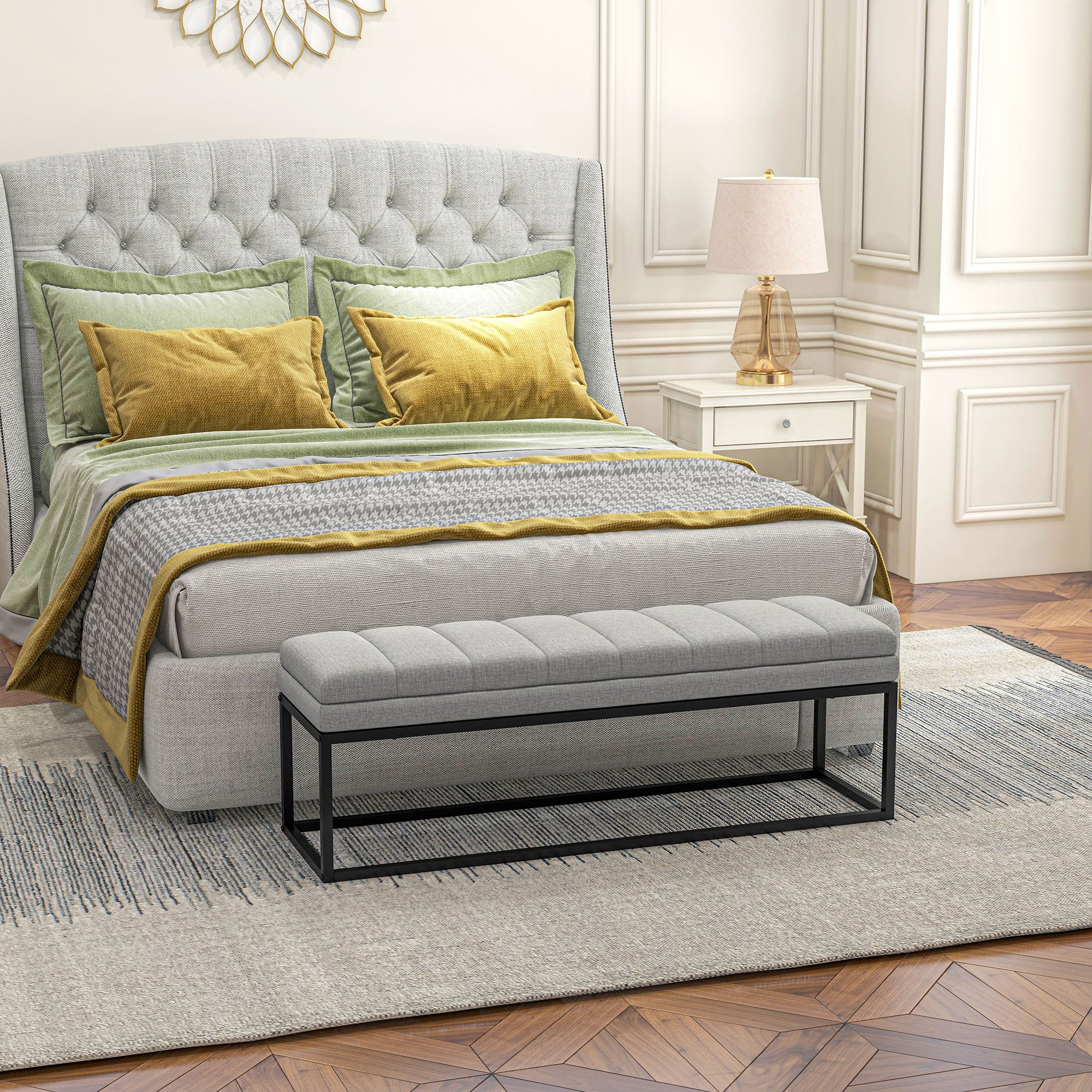 Image of Upholstered Bench In Linen Look, Bed Bench With Steel Legs, Shoe Bench For Bedroom, Living Room, Hallway, Supports Up To 200 Kg, 120 X 44 X 45.5 Cm, Light Grey