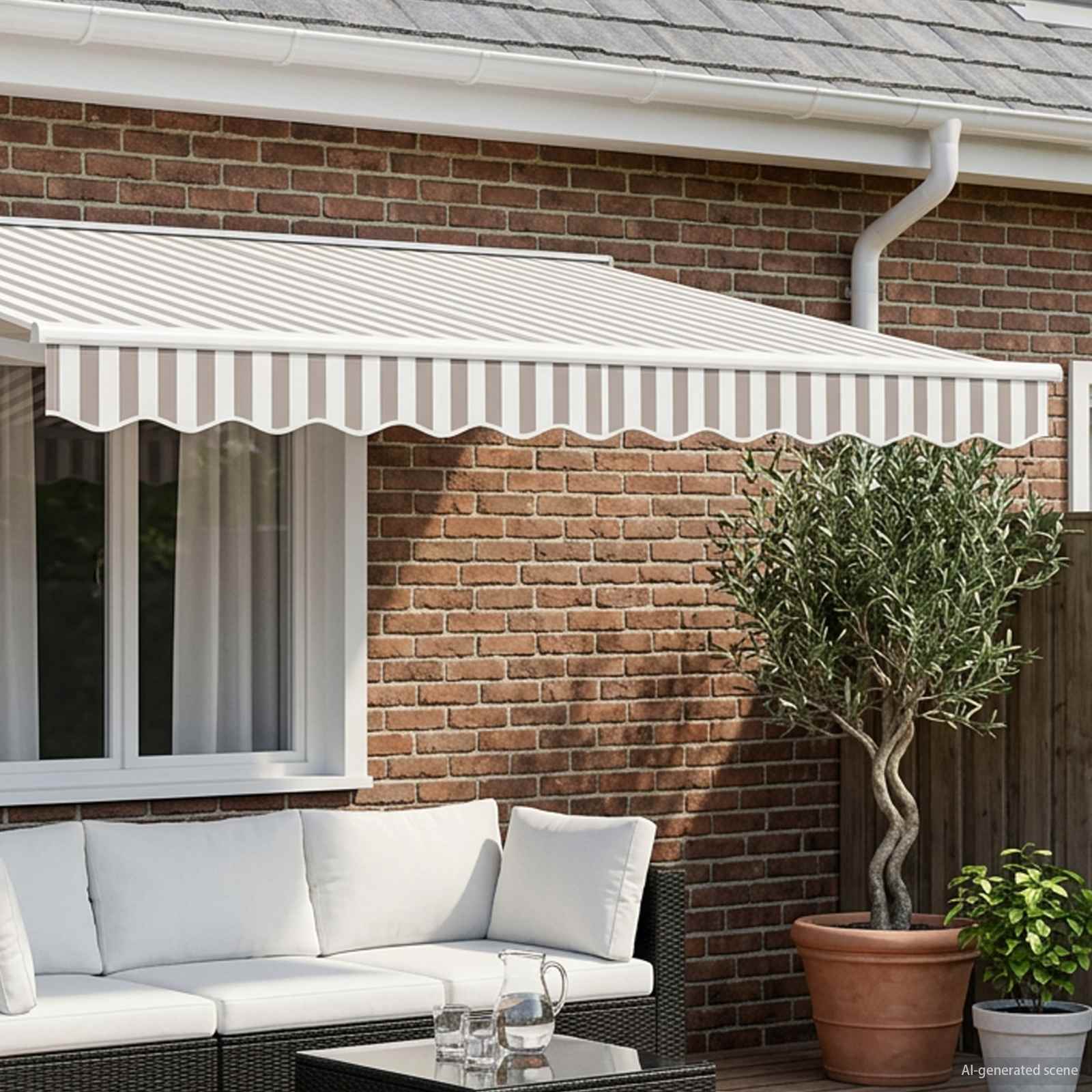 Image of Replacement Awning For 3.5m Light Grey And White Striped, Patio Awning Decoration Replacement, Outdoor Fabric, Pre-fabricated Keder Tunnel For
