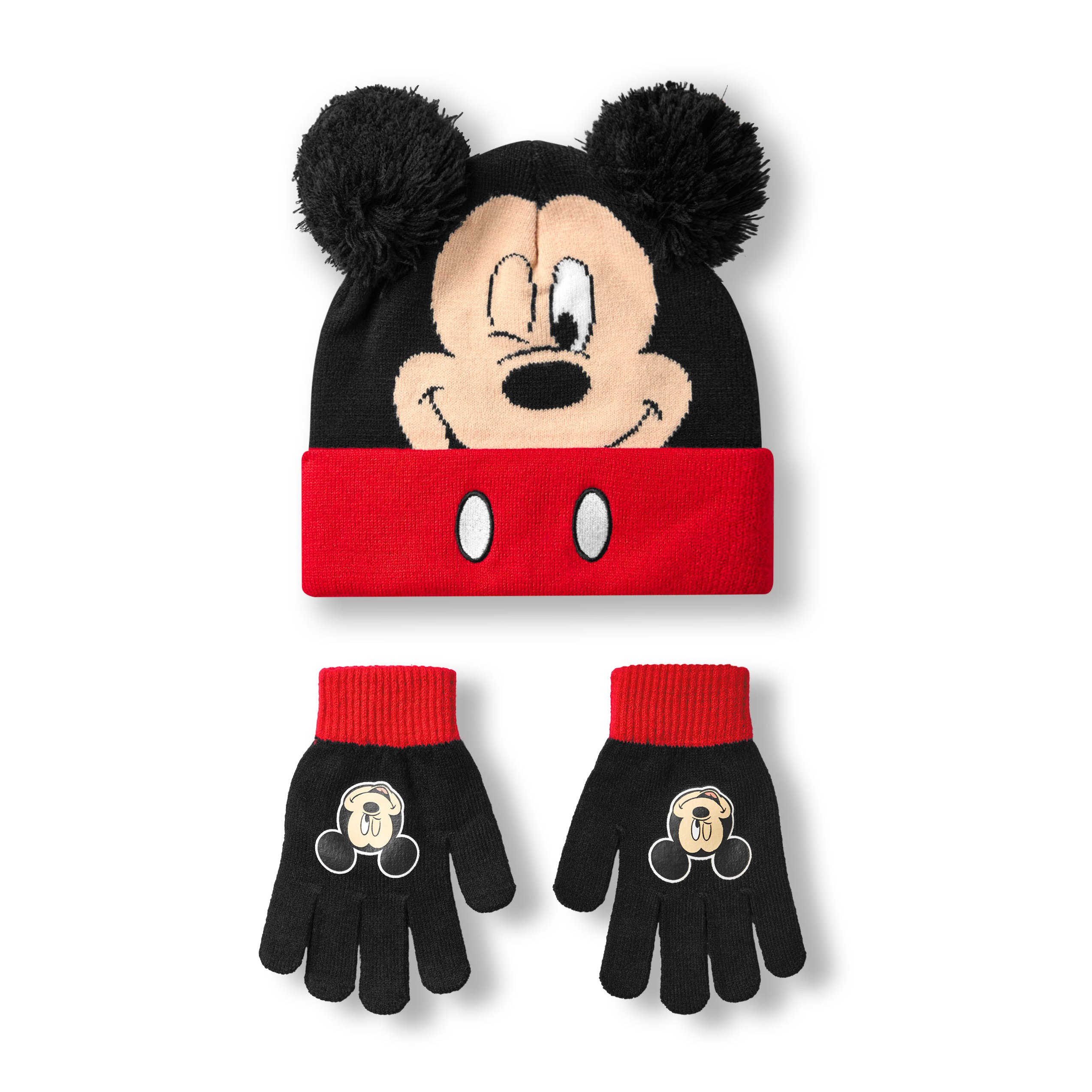 TEMU Mouse Boys Beanie Hat & Gloves Set | Black & Red Knitted Winter Hat With Pom Poms | Kids 1-3 Years Hat & Gloves With Mouse Character Face |