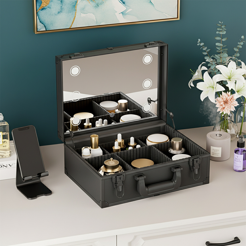 Portable Makeup Case with Mirror, Large Capacity Travel Cosmetic Organizer