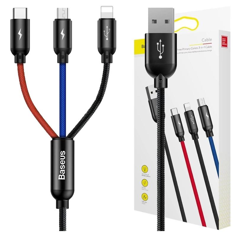 Baseus 3-in-1 Usb Cable, Usb-c, Lightning, Micro 3a 1.2m - Fast Charging, Compatible With Phones And Devices, Black, High Quality