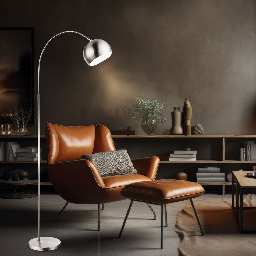 Led Floor Lamp Sphere Arc Lamp Chrome Living Room Lamp Standing, Metal Nickel-matt, Shade Movable, 1x E27 Socket, Hxlxb 150x58x24.5 Cm