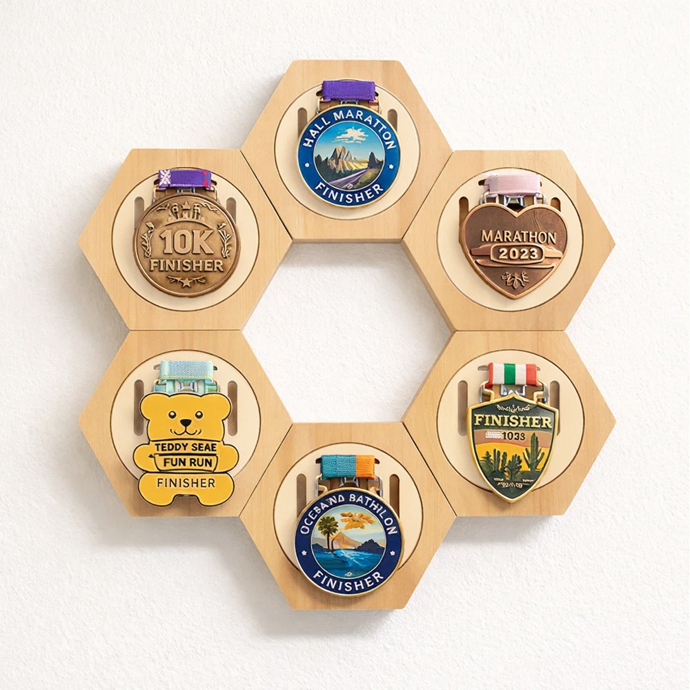 TEMU 6pcs Wood Medal Display Hanging Rack Wooden Hexagon Medals Storage Shelf For Sports Running All Types Of Medals Wall Or Desk