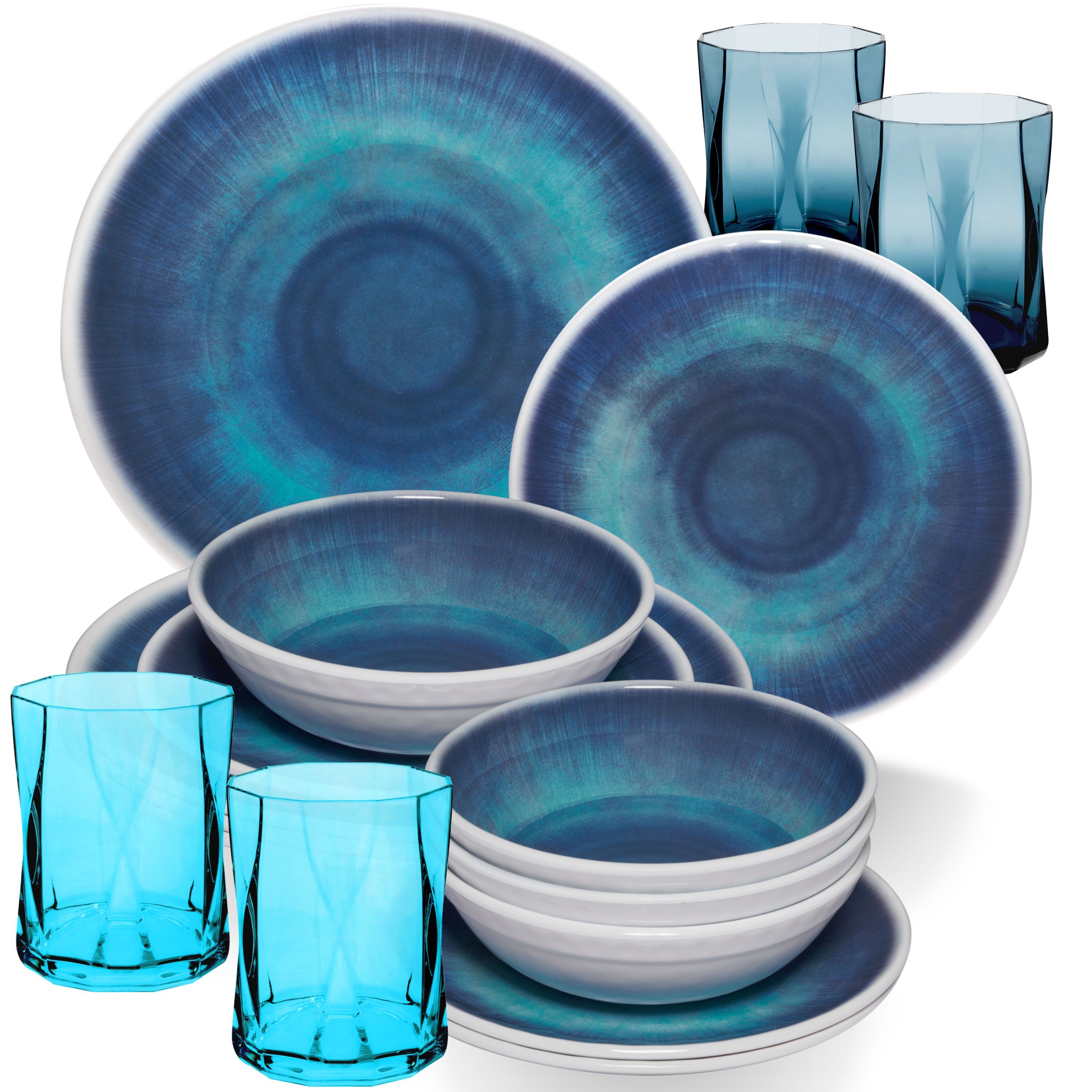 Melamine Dish Set Blue For - 16pcs - With Color-matching 300ml Acrylic Tumblers Camping Dish Set Tableware Modern Melamine Dishware Colorful