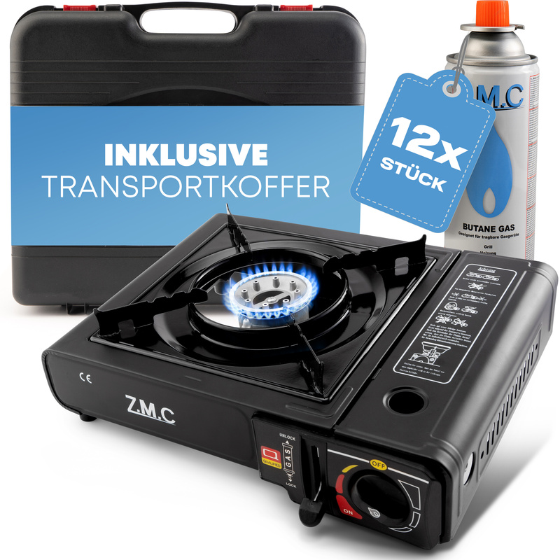 E-shop ZMC Campingkocher 1-flammig 2,2 kW inkl. 12x 227g Gaskartuschen, LPG-Adapter & Transportkoffer | Tragbarer Gaskocher mit -Zündung, stufenloser