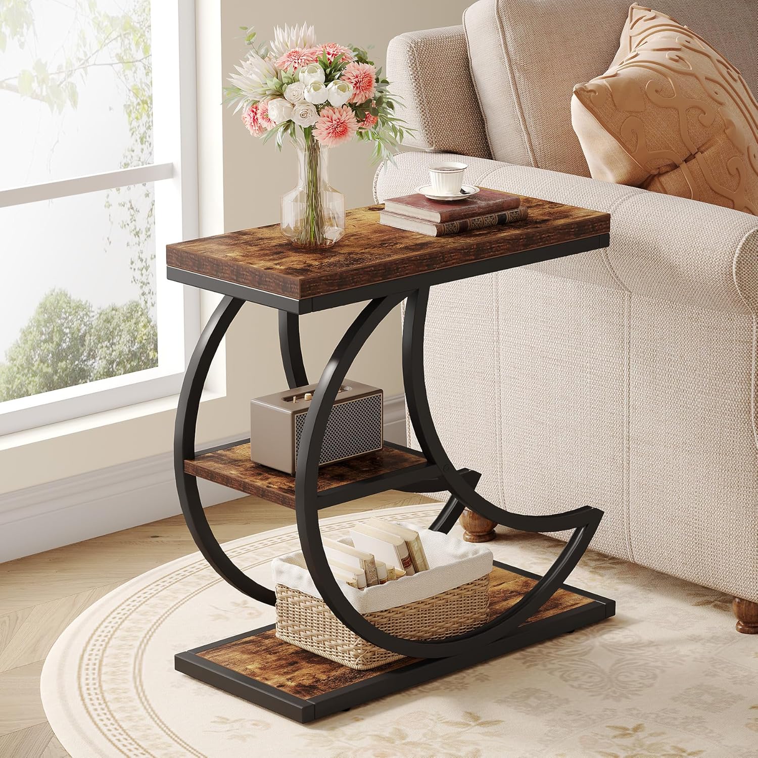 -tier End Table, Industrial Side Tables With 3 Storage Shelves, Coffee Table, Sofa Table With Half Metal Frame For Living Room, Bedroom, Rustic Brown, 1pc
