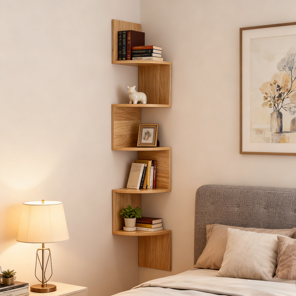 1pc 5-Tier Natural Color Wooden Corner Shelf - Space-Saving Floating Bookcase & Display Stand | Easy Assembly Storage Rack for Books, Plants & Figurines Decor in Living Room, Office & Bathroom