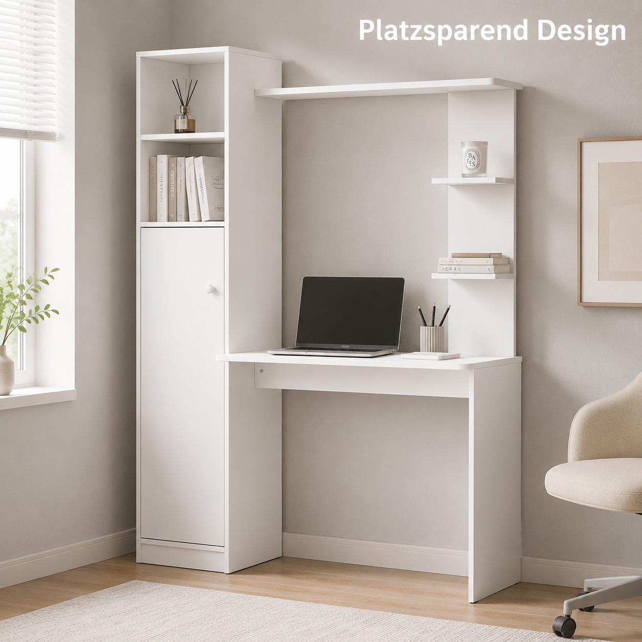 123.5 X 45 .5 Cm White L-shaped Desk Shelf Combination With Storage Space, Integrated Workstation For Study Home Office Small Apartments.