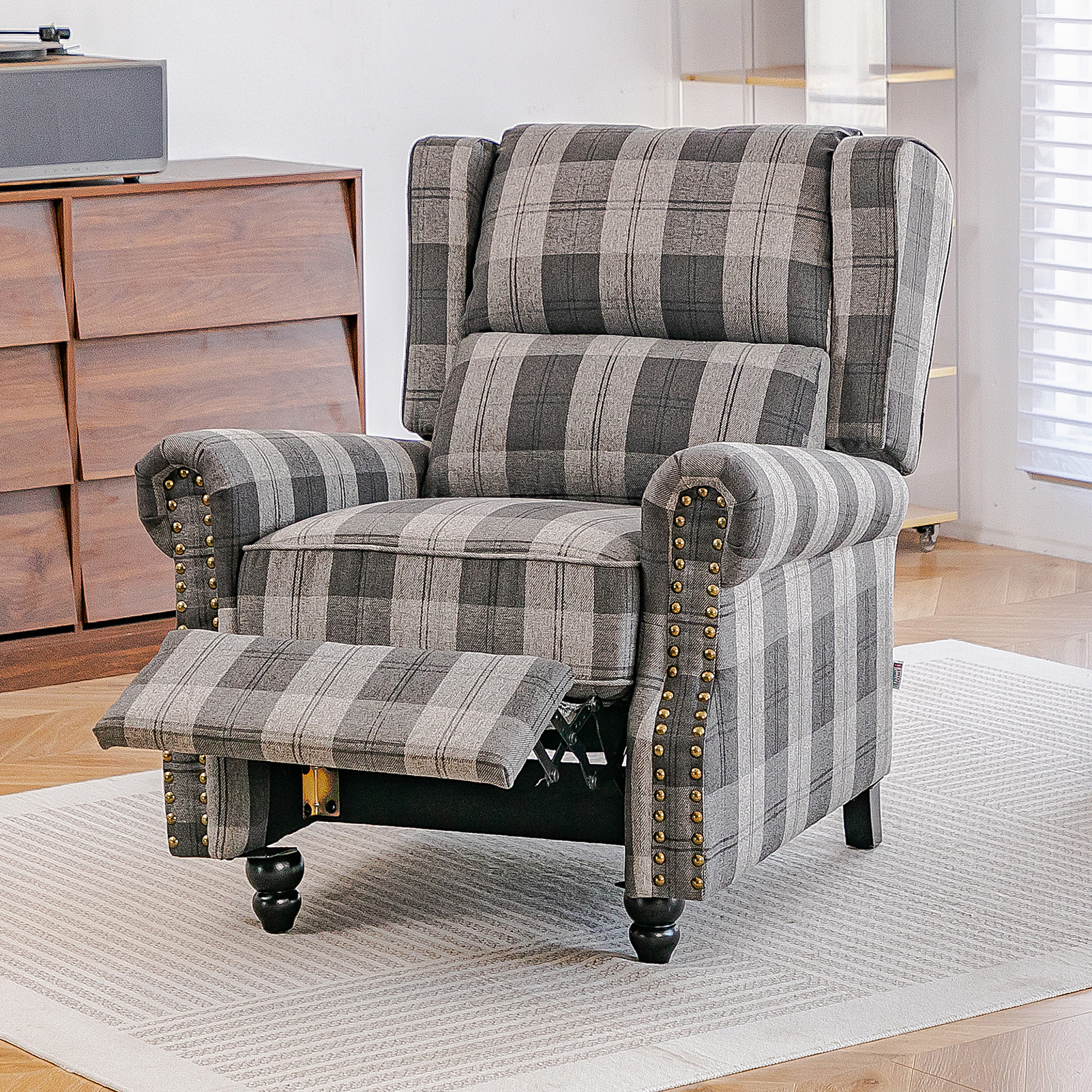 TEMU 1pc Grey Checkered Fabric Upholstered Armchair Recliner, Single Chair For Leisure Room Or Bedroom, With Manual Reclining Function, Includes