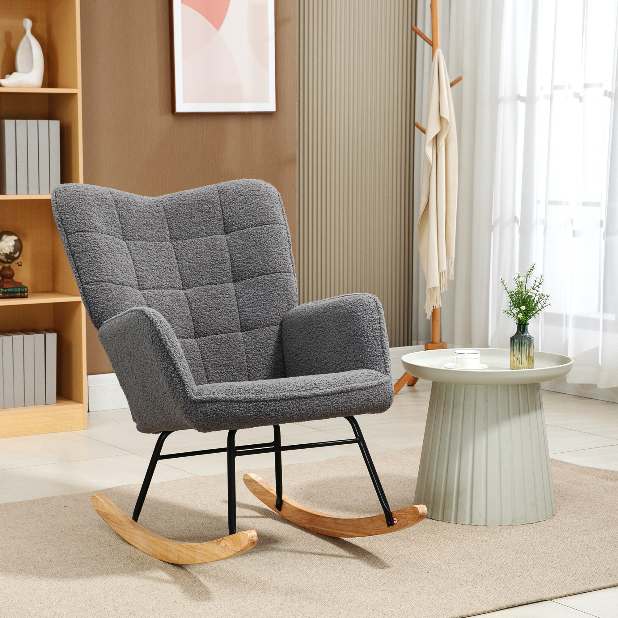 Image of Rocking Chair, Rocking Armchair, Armrest, Upholstered Chair With High Backrest, Wooden Frames, Modern Relaxation Chair For Living Room, Bedroom, Up To 120kg, Beige