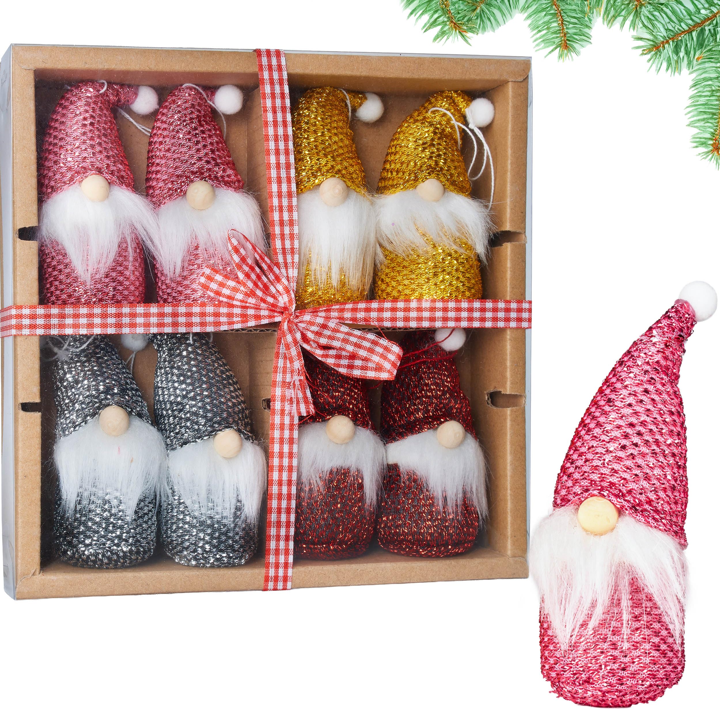 Image of Brubaker 8-piece Set Of Wooden And Knitted Christmas Gnomes - Tree Ornaments Christmas Pendants - 10.5 Cm In Gift Box