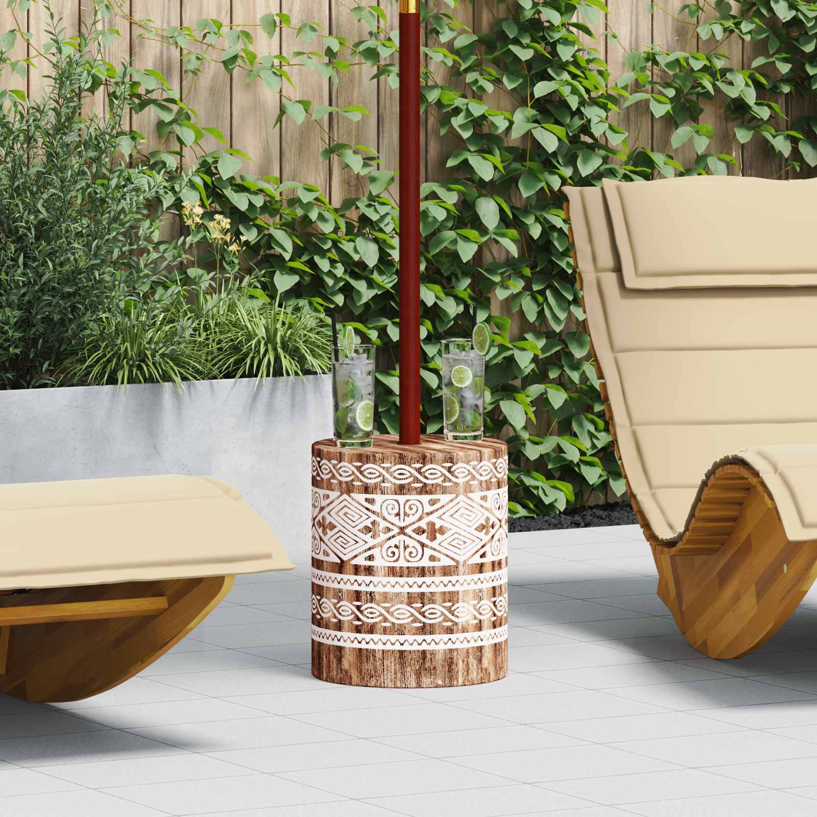 Image of Sun Umbrella Stand 23 Kg White Washed Massive Wooden Cylindrical, Cylindrical Sun Umbrella Stand, Solid , Balinese Style, Garden Parasol Holder