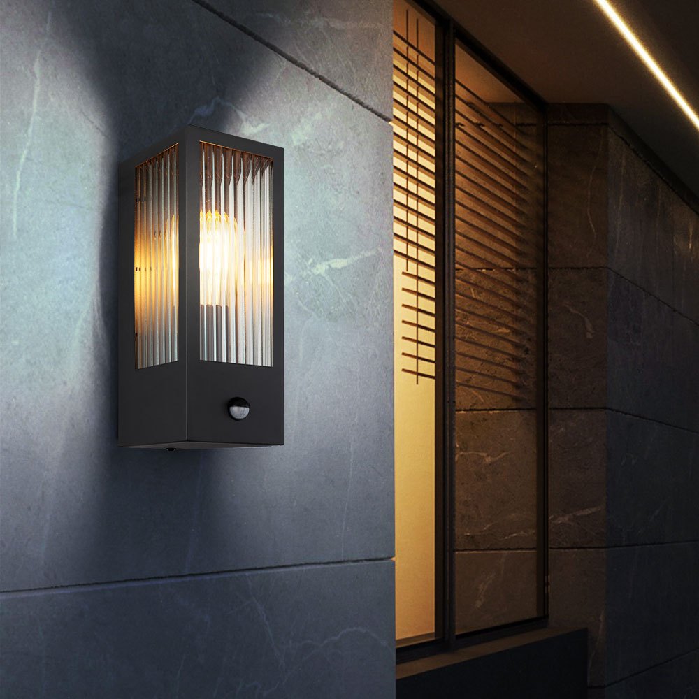 Wall Light With Motion Sensor, Outdoor Glass Wall Lamp, Black, Metal, E27 Base, 15.4x12x32 Cm (lxwxh)