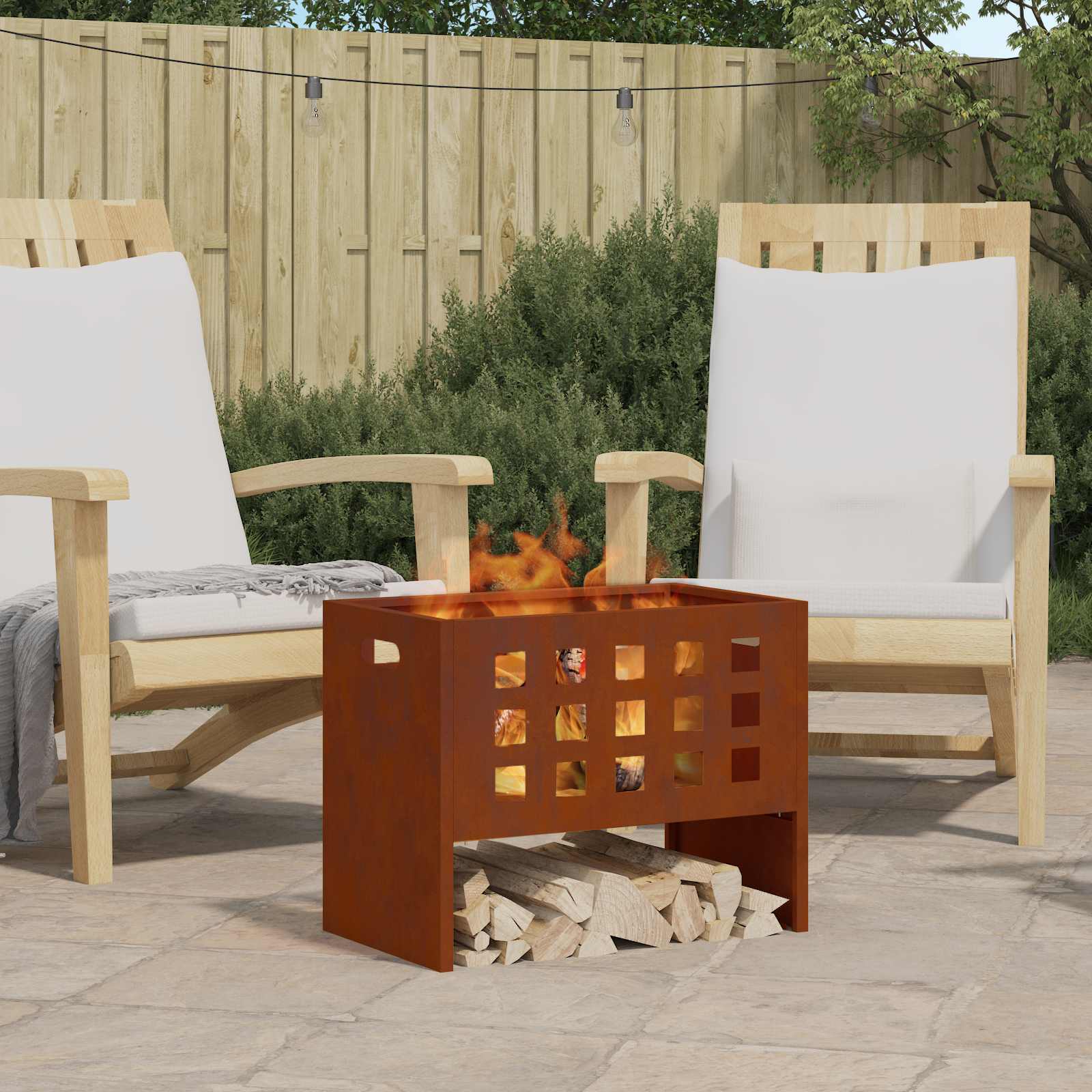 Image of Fire Pit Brown 50 X 30 X 40 Cm Steel, Garden And Terrace, Rectangular, Fire Pit, Portable Heating Solution, Modern Steel, Weather-resistant
