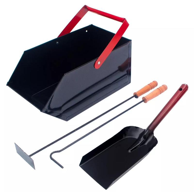 Image of Fireplace Set: Heater, Tongs, Coal Scoop And Small Shovel, Red And Black, Durable And Functional.