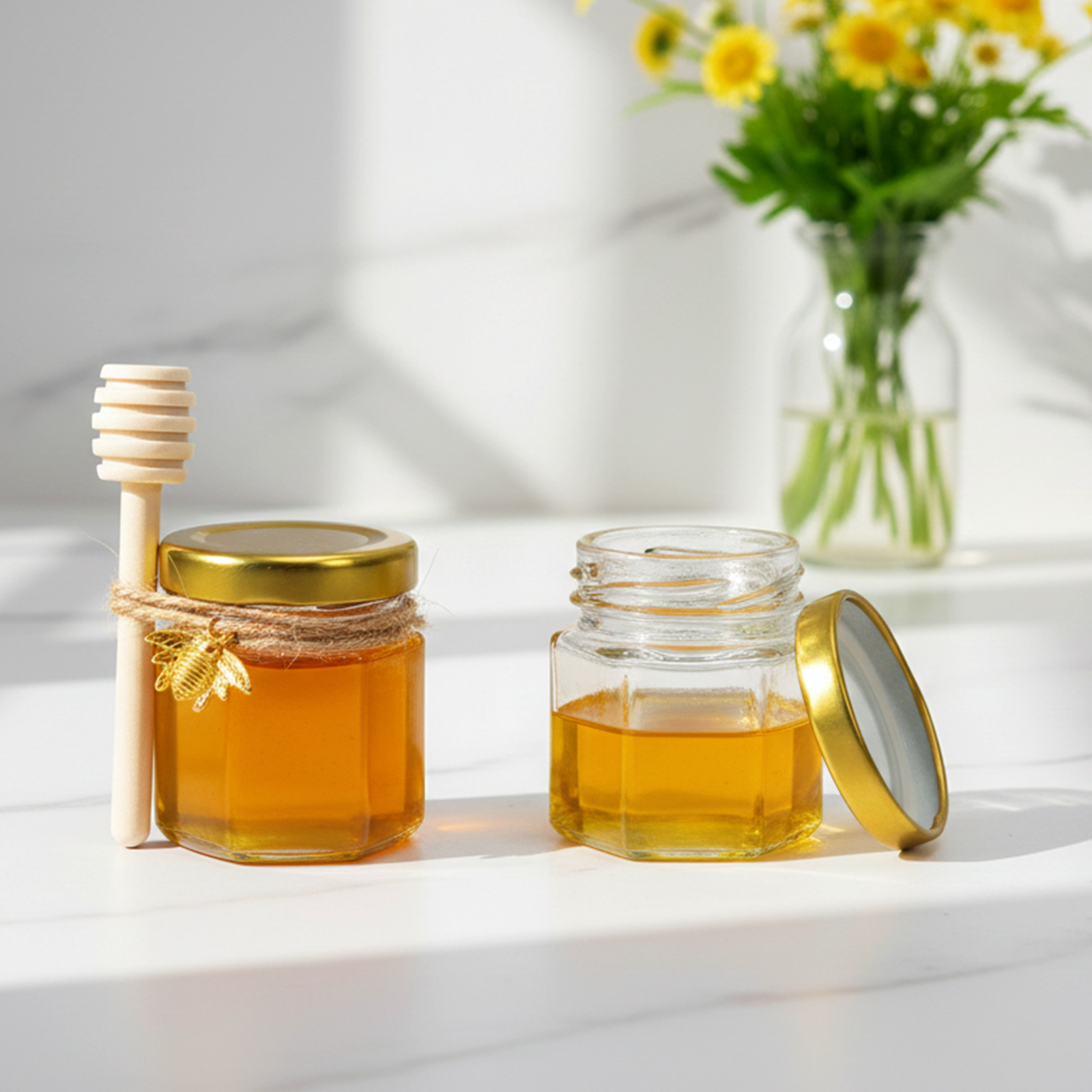 Image of 50/60s Mini Honey Glass Set, 1.5 Oz Honeycomb-shaped Glass Bottles With Wooden Spoon, Golden Lids, Bee Charms, Jute Bags & Labels For Diy Gifts