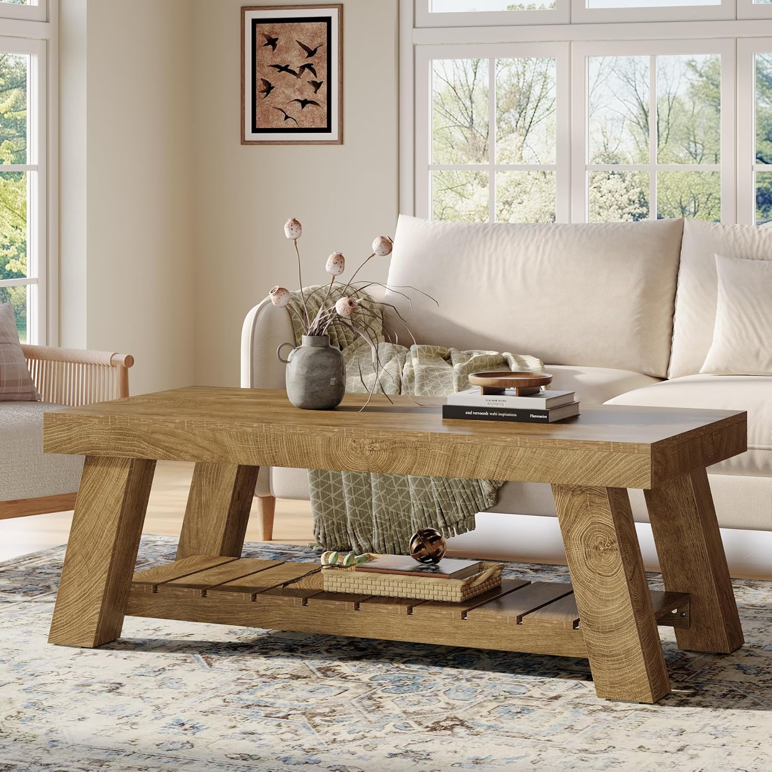 Image of Vintage Rectangular Coffee Table, 120 Cm Farmhouse Wood Center Tables For Living Room, Modern 2-tier Rustic Accent Table With Storage Shelves For Apartment, Home Office
