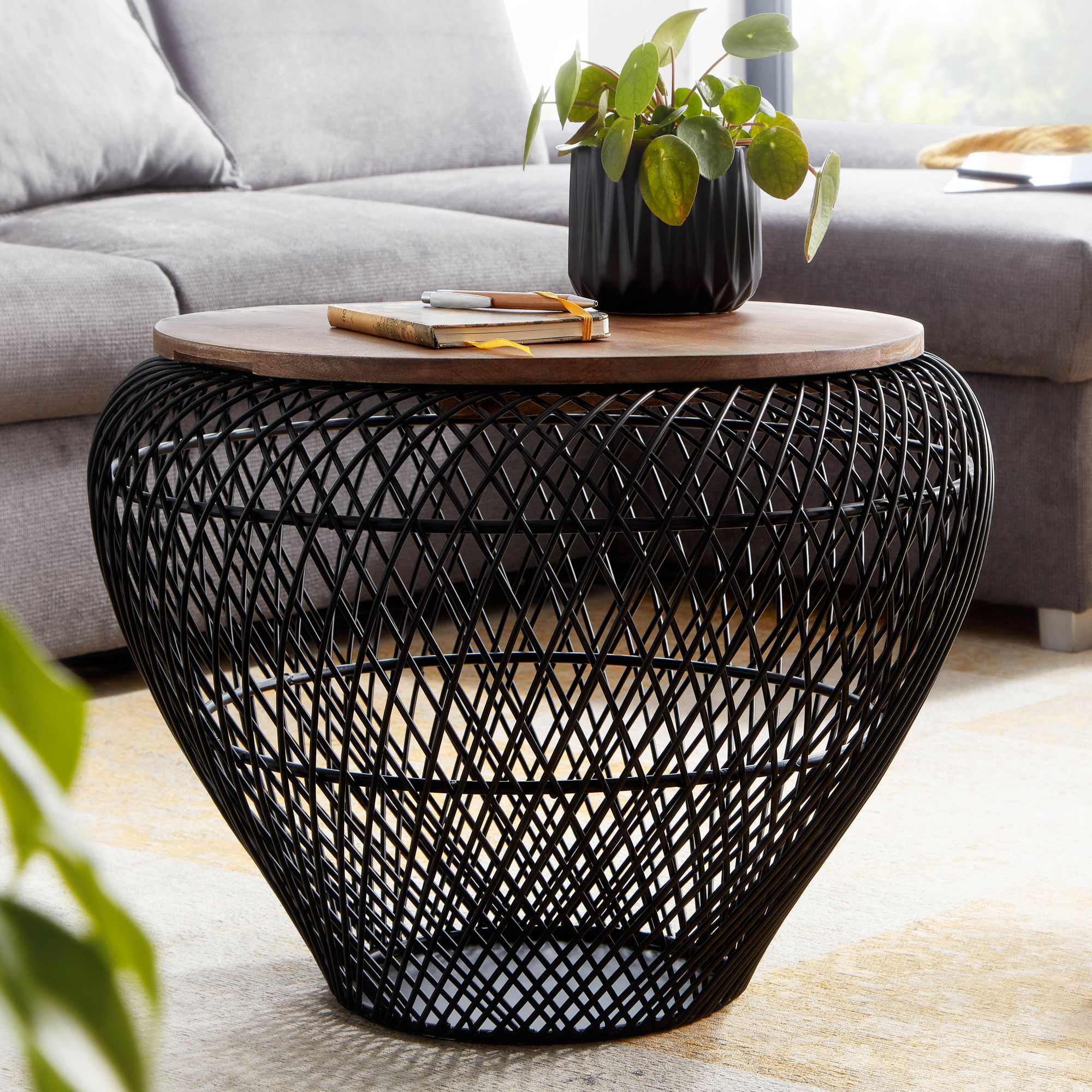 Round Coffee Table With Storage, 60x60x45 Cm, Solid Mango Wood And Metal, Living Room Table, Basket Table, Side Table, Sofa Table For Living Room