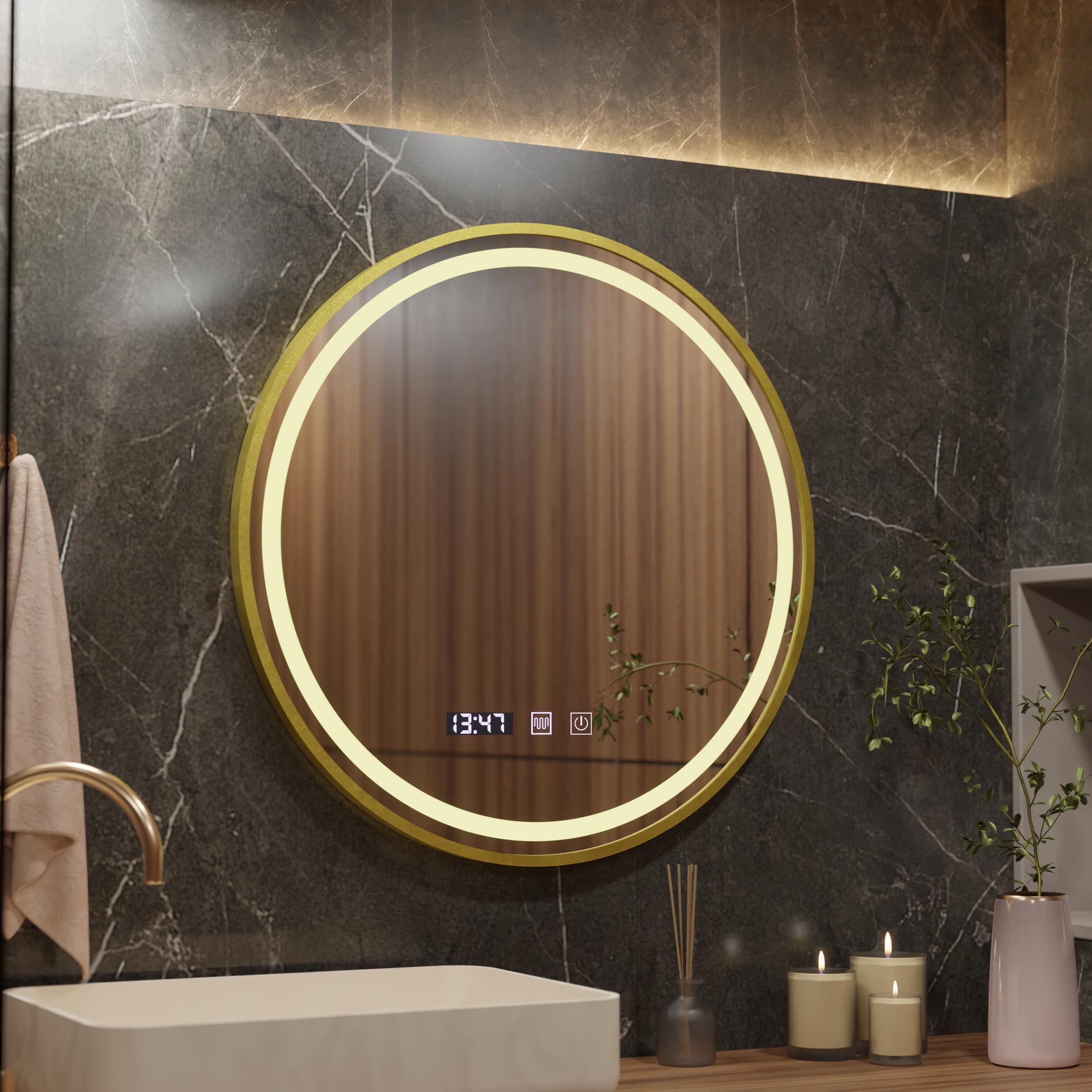 TEMU Espejo LED táctil LUSSO con garantía de 2 años, antivaho, reloj y , dorado cepillado de 60 cm, diámetro de 60 cm, 3000K, 6000K, 4000K, ancho de
