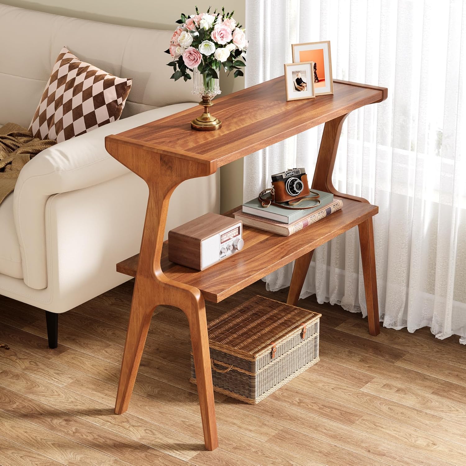 Vintage Narrow Side Table for Living Room, 2-Tier   Sofa Side Table with Solid Wood Legs, Farmhouse Long Bedside Table (1PC)