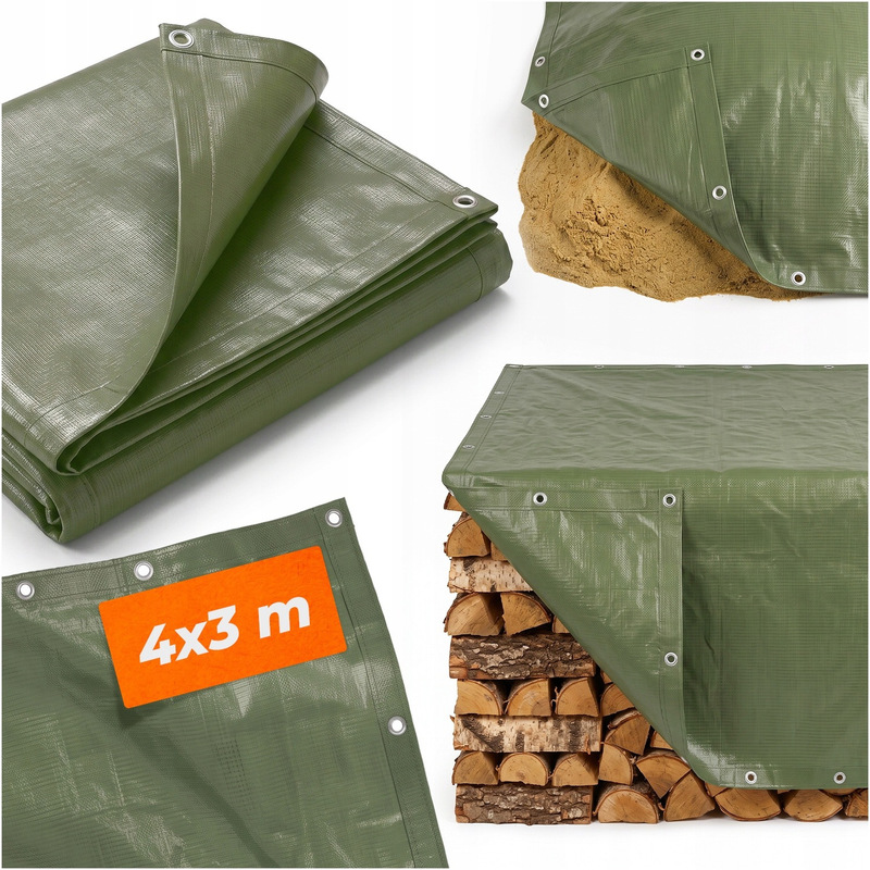 Vodoodporna ponjava 3 × 4 m ² s kovinskimi ušesi na vsakih 100 cm, zelena PE zaščitna folija 90 g/m² za zaščito opreme, materialov in shranjenih