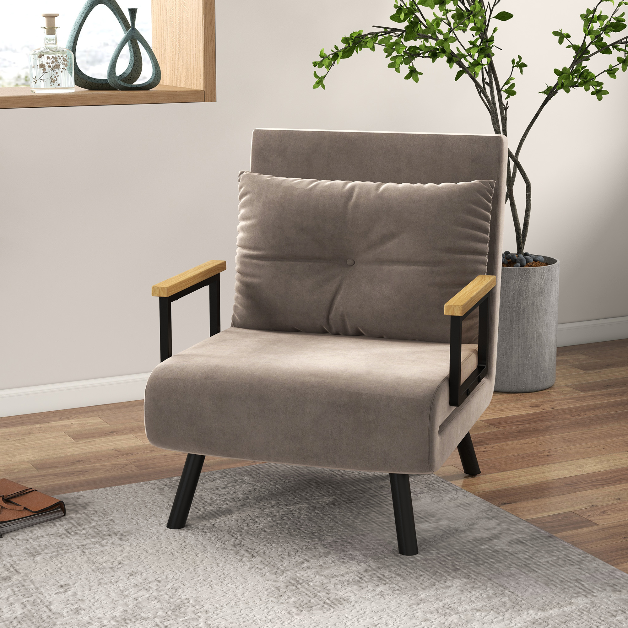 Sleeping Chair 4 In 1 Chair With Sleeping Function, 183 Cm Foldable Sleeping Chair With 5-stage Adjustable Backrest, Lumbar Cushion And Velvet Optics For Living Room, Dark Grey