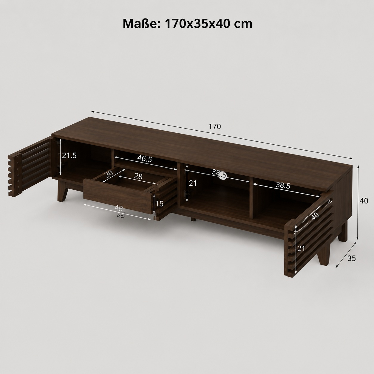 Image of 170 Cm Wide Tv Cabinet, Dimensions 170×35×40 Cm, With In Vintage Wood Slat Design, 1 Large Drawer, Open Compartments, Cable Management, Sturdy Hardware For Living Room Multimedia Storage