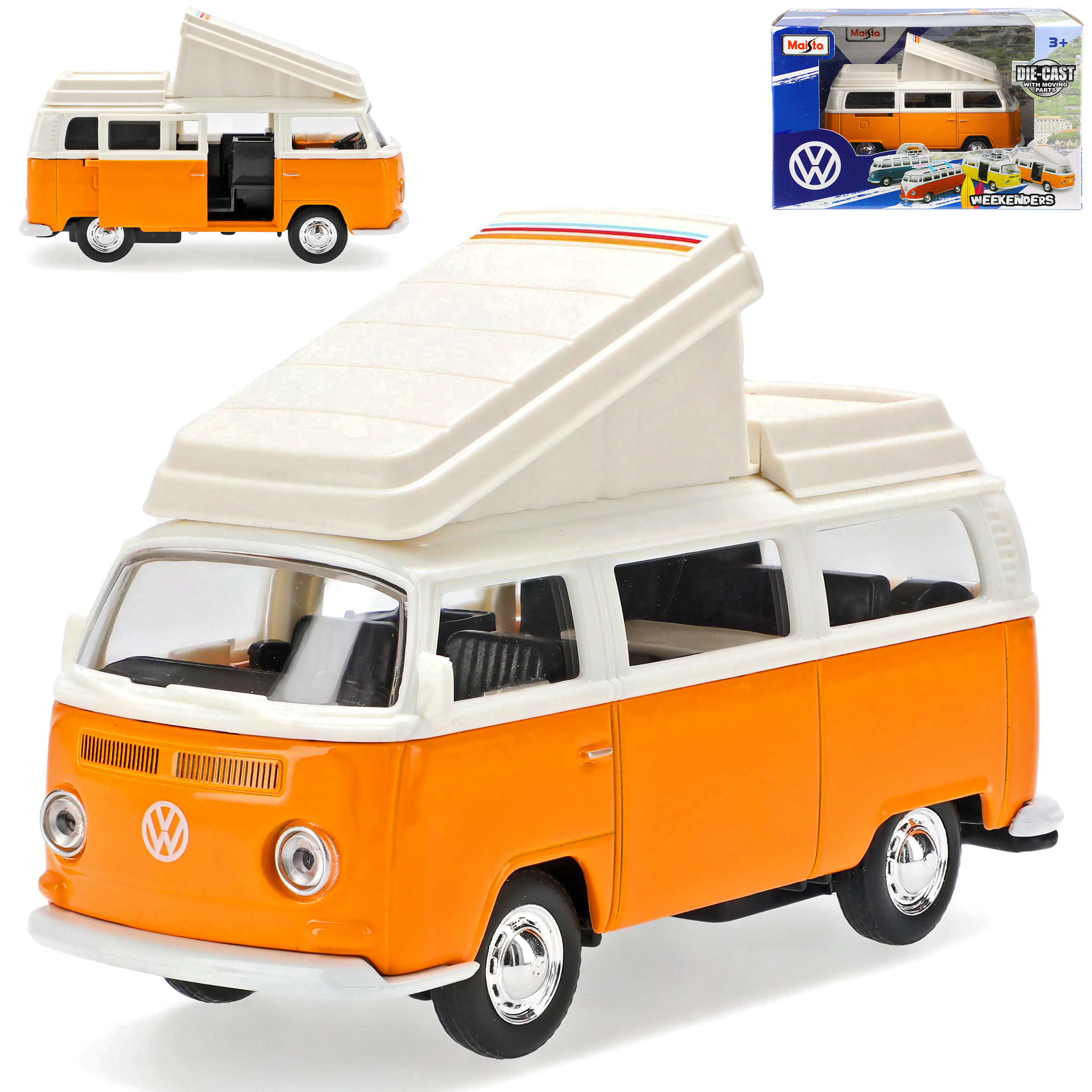 Vw T2 Orange White Camping Bus Passenger Transporter 1967-1979 . 1/43 Scale Model Car
