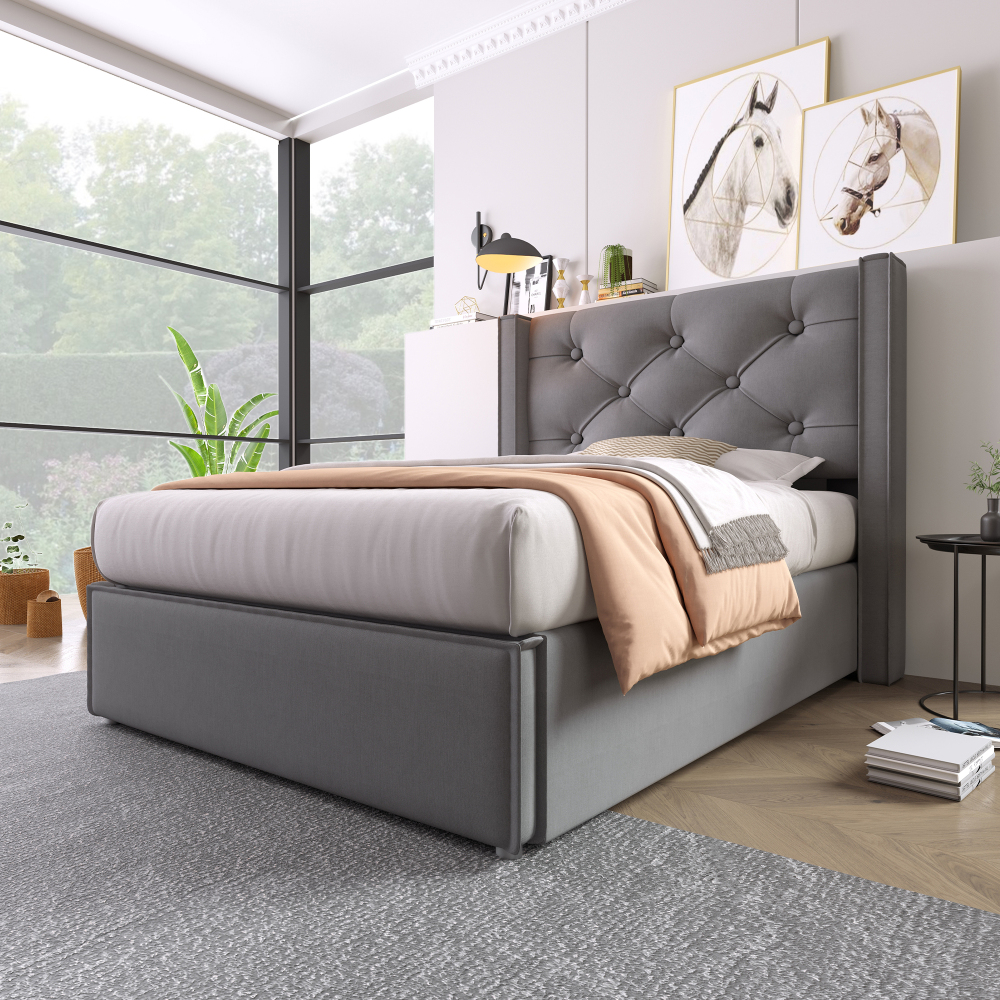 90x200cm, Elegant Upholstered Bed With Storage Box, Hydraulic Lift, Pine Wood Slatted Base, Comfortable For Bedroom