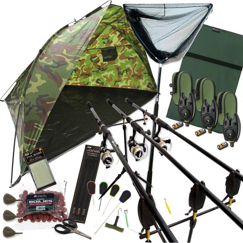 TEMU Carp Fishing Set Up With 3 Rods Reels Alarms Landing Net Bait & Tackle