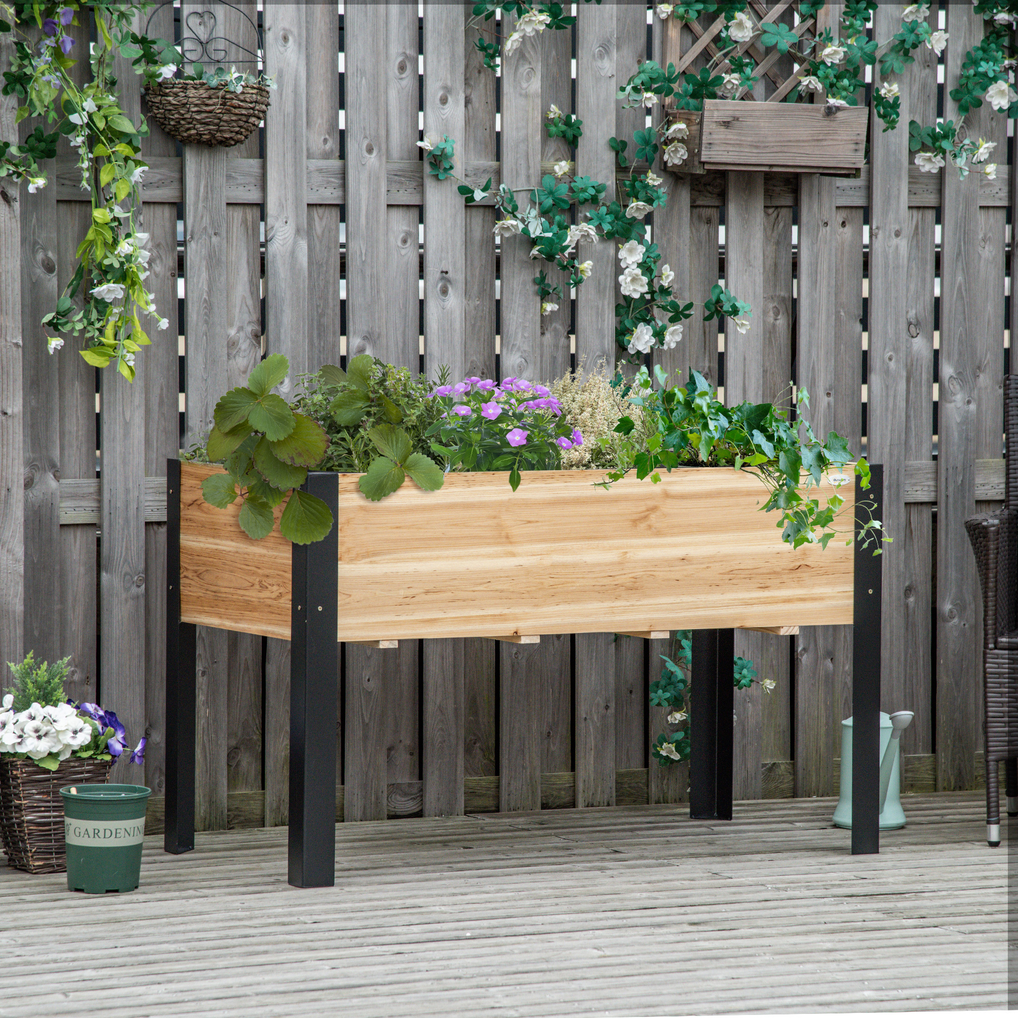 Image of Raised Bed Planter Flower Box Flower Pot Bed With Nonwoven Fabric Solid Wood Steel Nature + Black 120 X 60 X 74 Cm