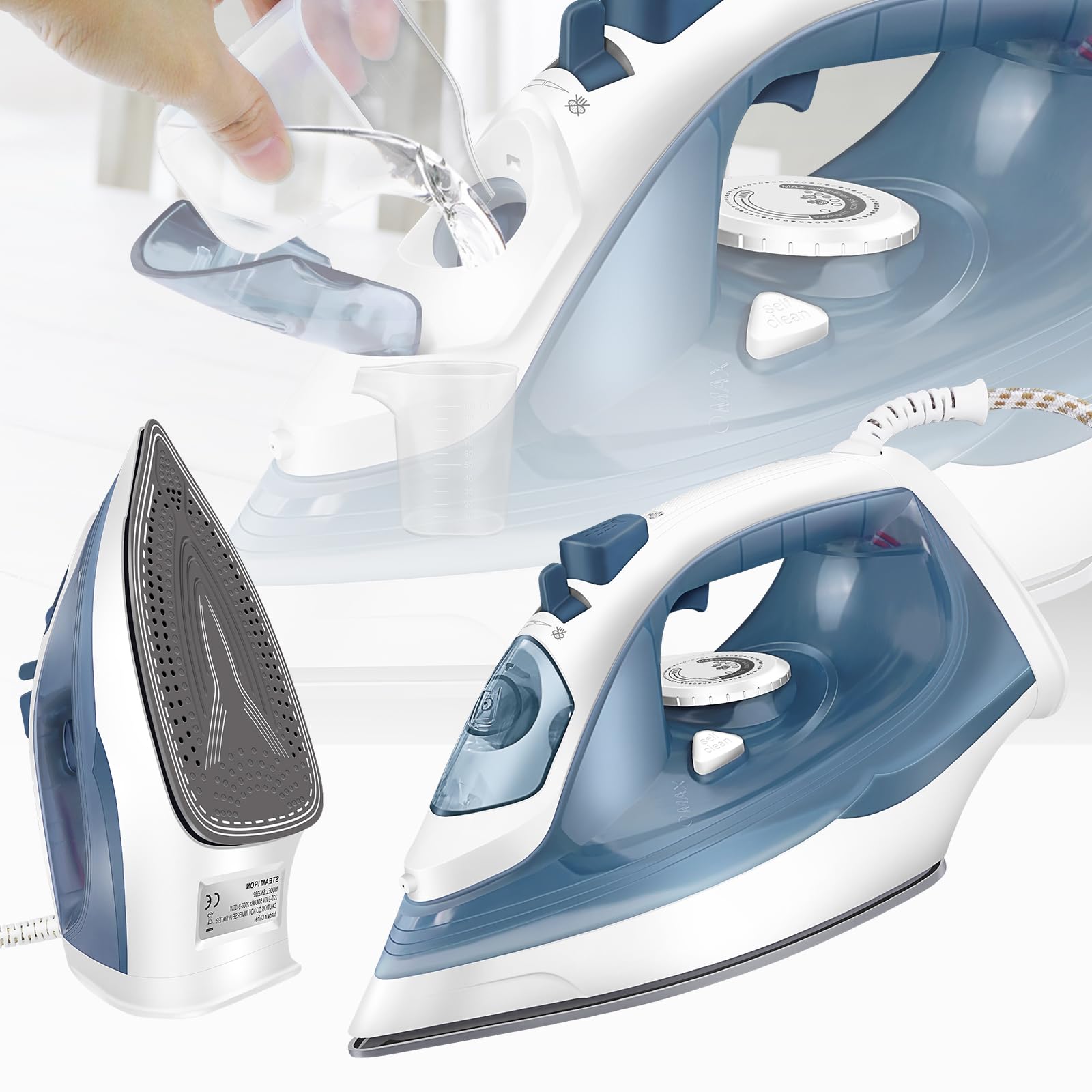 Image of Steam Iron, Powerful Vertical Steam Function, Soleplate, Auto Off, Anti-drip, Anti-scale, Blue, 350ml Water Tank, , 45 G/min Continuous Steam
