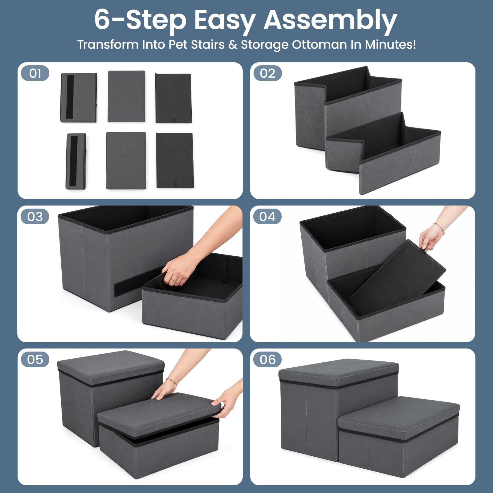 Dog Stairs with Storage, Foldable Pet Steps for Bed and Sofa