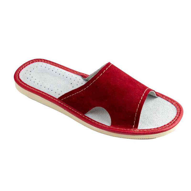 Suede, Red Women's Slippers, Leather House Slippers With Ankle Cutouts - Size 053