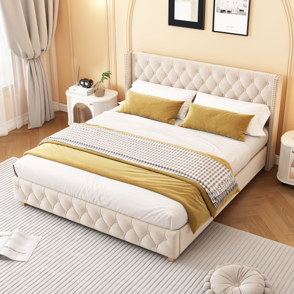 180x200cm Velvet Upholstered Bed With Luxurious Design, Button Tufting, Rivet Decoration, Stable And Sturdy Bed Legs, , Cozy And Elegant, For , Bedroom Furniture