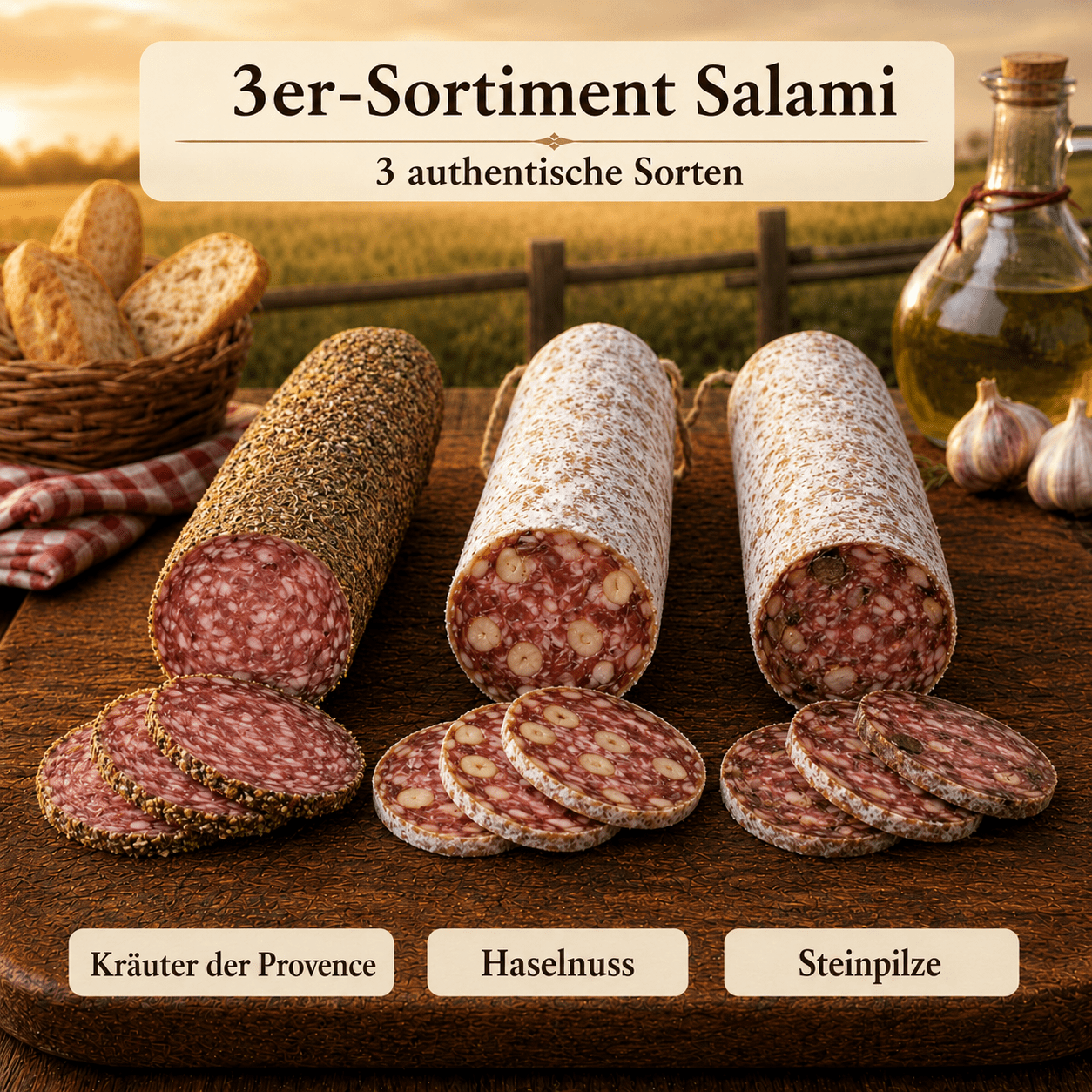 Image of 3rd Assortment Salami - Flavors Herbs Of Provence, Hazelnuts And Porcini Mushrooms ◈ Salami 100% French ◈ Natural Casing And Hand-tied ◈ Artisanal Production By The Chillet House Since 1902