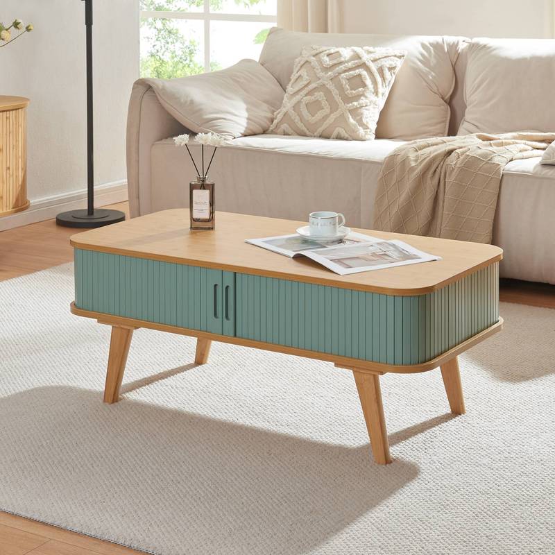 Coffee Table 'tysvær With 2 Sliding Doors 100 X 50 X 40 Cm Bamboo / Blue