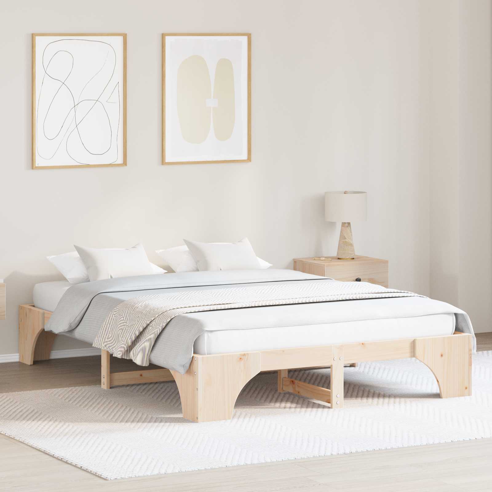 Bed Frame Natural 140 X 200 Cm Solid Pine Wood, Stylish Pine Bed, Rectangular Design, Modern Furniture, Sturdy , Practical Piece For Indoors