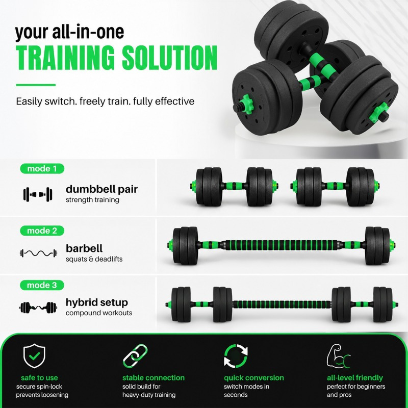20KG Adjustable Dumbbell Set 3-in-1 Weight Set with Connector Bar