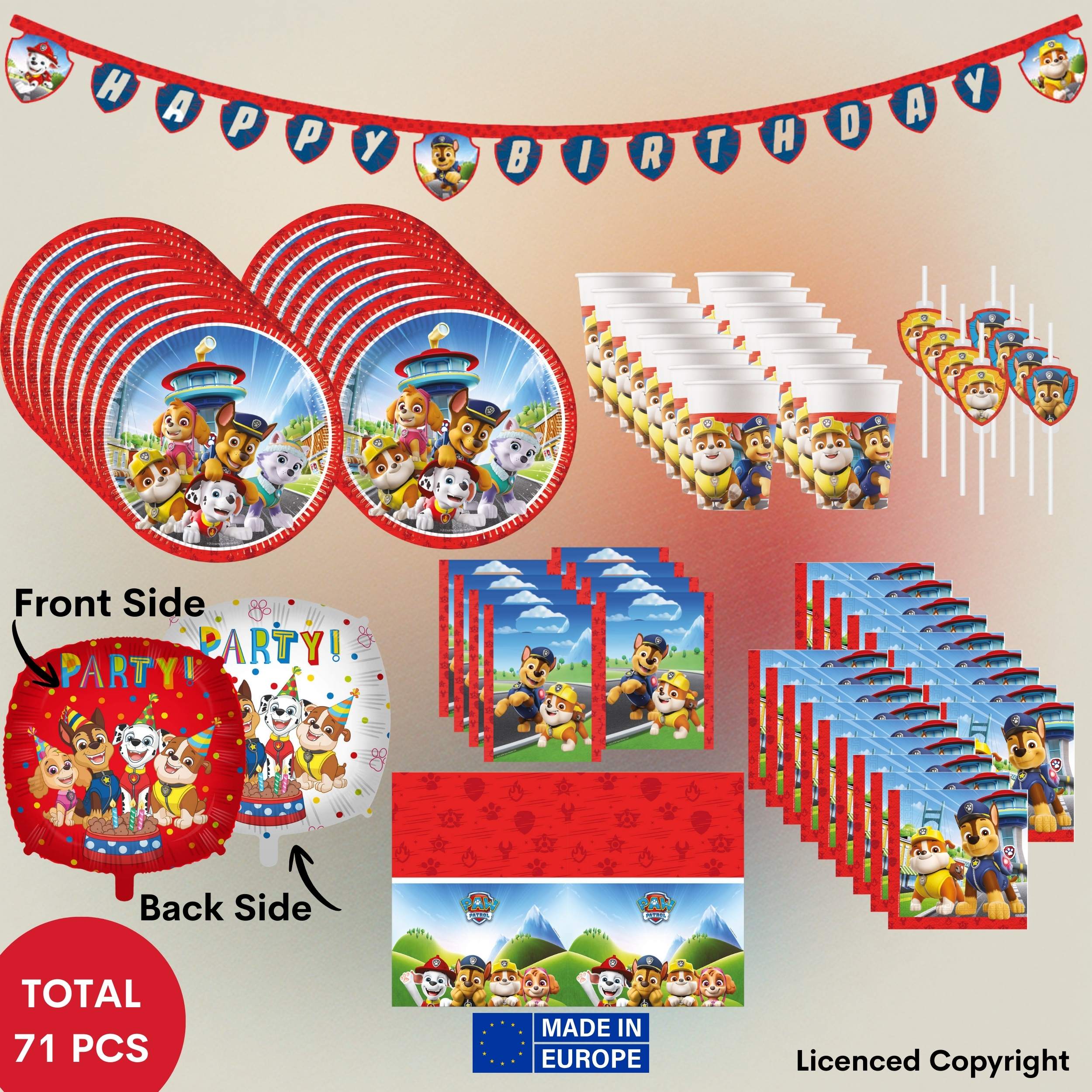 TEMU 71-tlg. Paw Patrol  Party Set - mit 1 Folienballon (46 cm), 1 Papierbanner, 8 Trinkhalmen, 16 Bechern (200 ml), 8 Partytüten, 16 Tellern (23