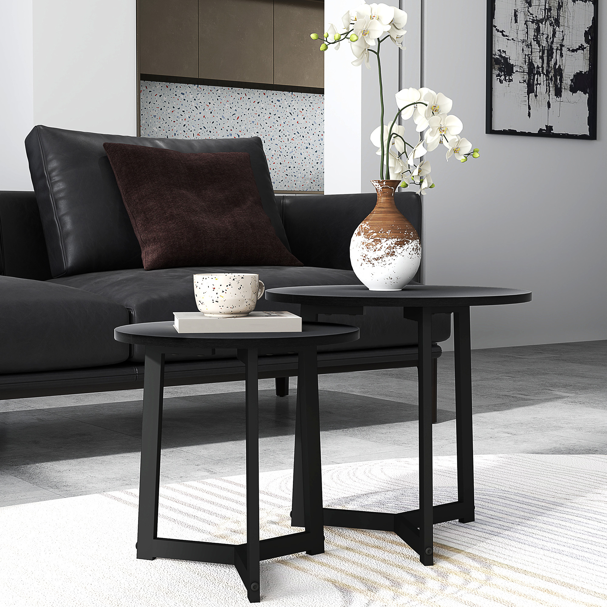 2-piece Set Coffee Table, Round Side Table, Coffee Table With , Sofa Table, For Living Room, Load Capacity Up To 35 Kg, Black