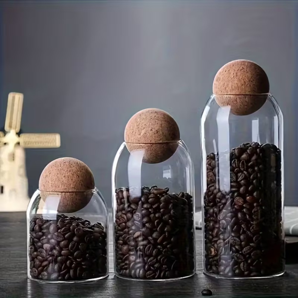 TEMU 3pcs Clear Glass Jars With Wooden Ball Lids, Round Airtight Food Storage Canisters For Coffee, Tea, Snacks, Nuts, Candy, And Dry Food, Kitchen