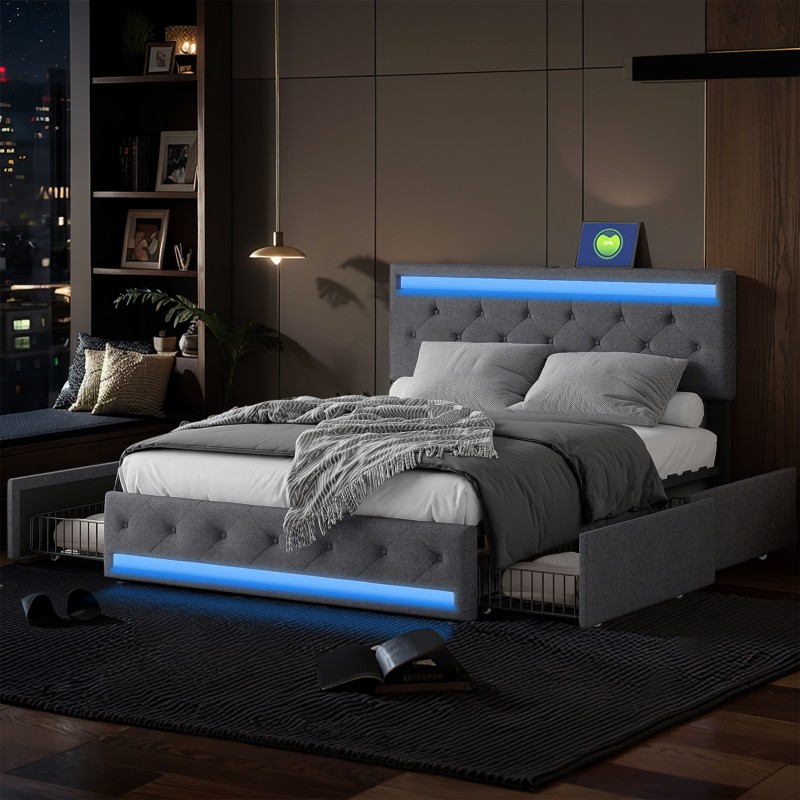 TEMU Lit coffre, lit rembourré avec LED et USB, lit double avec 4 tiroirs, lit sommier tapissier avec rangement et sommier à lattes, et cadre de lit,
