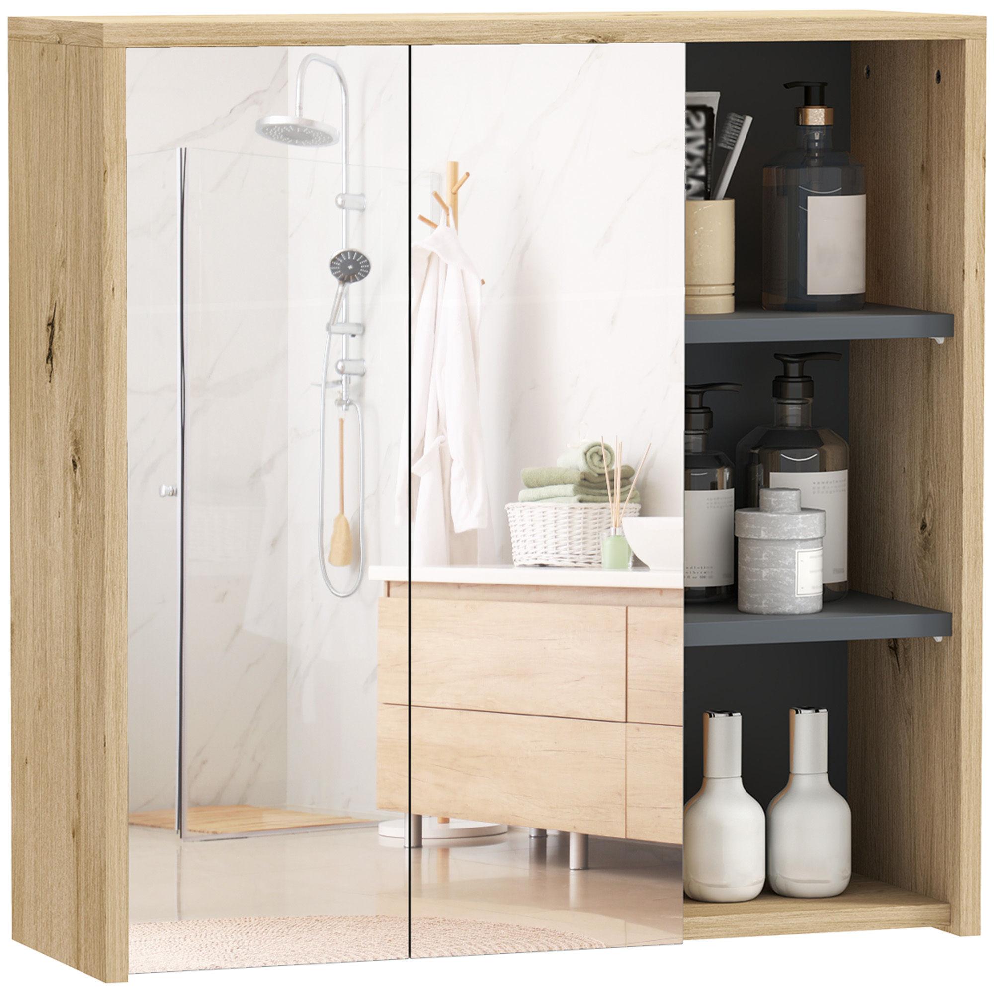 Homcom Bathroom Armoire With Mirror, Toilet Mirror, Wall-mounted With 3 Open Shelves, 2 Doors, 60 X 20 X 60 Cm, Natural Wood