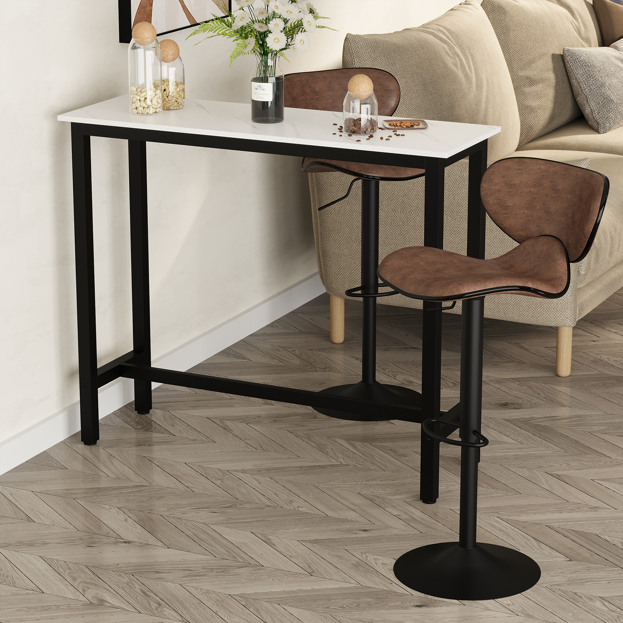 Bar Table With Marble Optic, Kitchen Table With Adjustable Feet For Living Room, Dining Room, Steel 120 X 40 X Cm White+black
