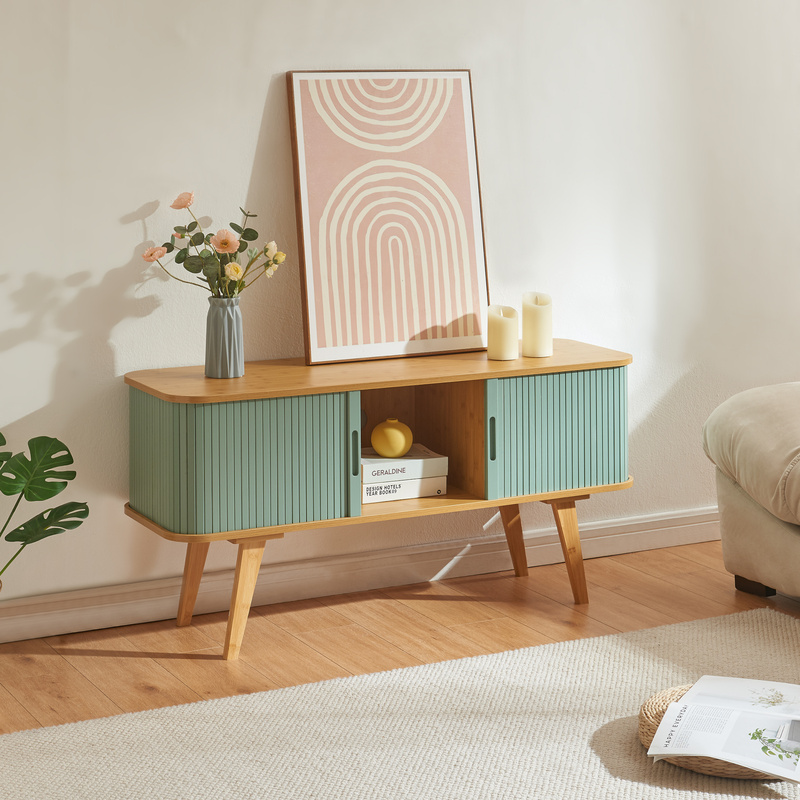 Tv Cabinet 'tysvær With 2 Sliding Doors 120 X 40 X 58 Cm Bamboo / Blue