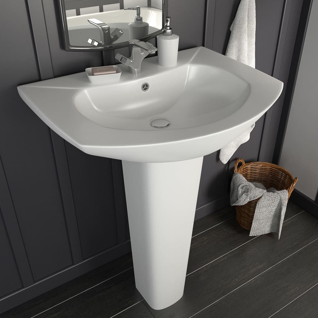 Image of Vidaxl Ceramic White Column Wash Basin, Freestanding Bathroom Sink
